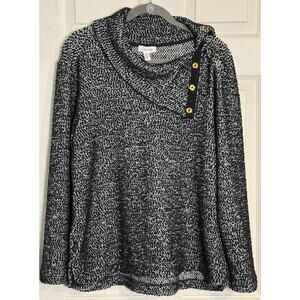 Calvin Klein Women Sweater Cowl Neck Snap On Buttons Sz L White Black Stretchy